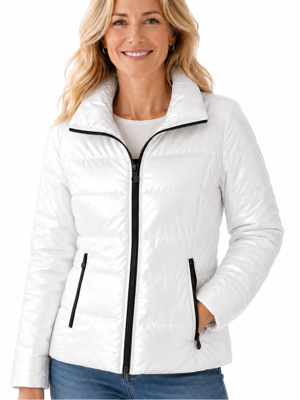 Guess Women's Down White Puffer Jacket size M‎ Black Accents Winter Casual
